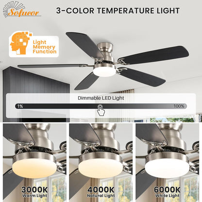Sofucor Plafondventilator met licht, 132 cm, dimbaar, led-plafondventilator, afstandsbediening, 6 snelheden, stil, DC omkeerbaar, timer voor slaapkamer