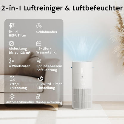 Airthereal AEH300 2-in-1 luchtreiniger en luchtbevochtiger, 125 m², 3-traps filter, luchtkwaliteitsmonitor, stille slaapmodus, luchtbevochtiger met automatische vochtigheidsmonitor, AEH300