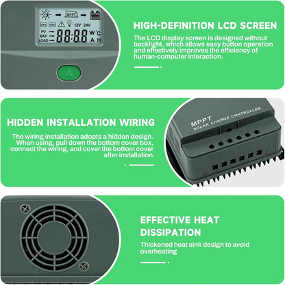 60A MPPT laadregelaar zonne-energie automatische detectie 12V/24V MPPT-laadregelaar LCD-digitaal display maximale nullastspanning van het zonnepaneel 100 V, dual USB, grijs-groen