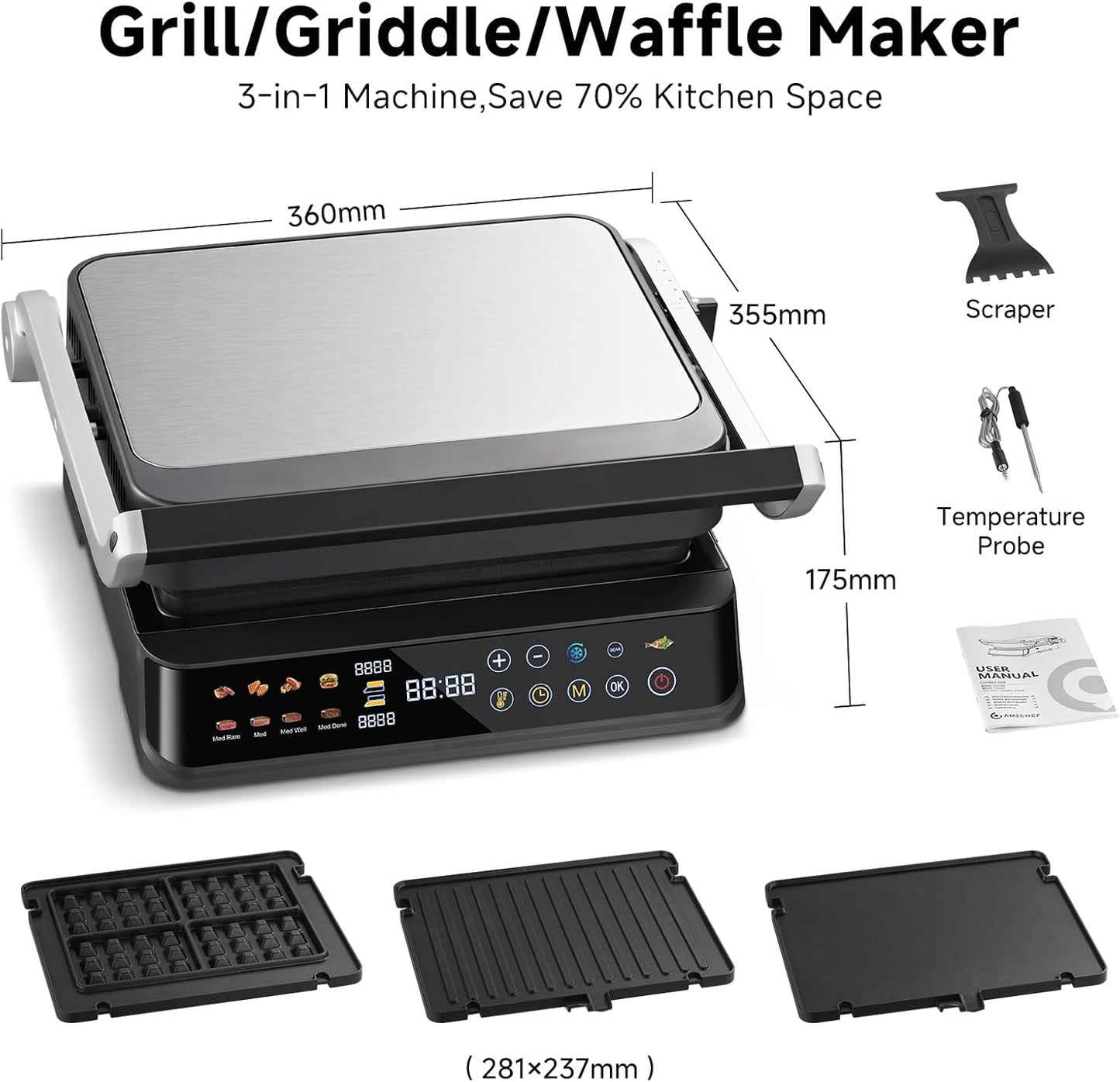 AMZCHEF 6-in-1 Health Grill & Griddle met 180° verstelbare platen, GrillBoost (280 °C), indoor grill, 4 antiaanbakplaten voor steaks en meer, 2000 W, vaatwasmachinebestendig