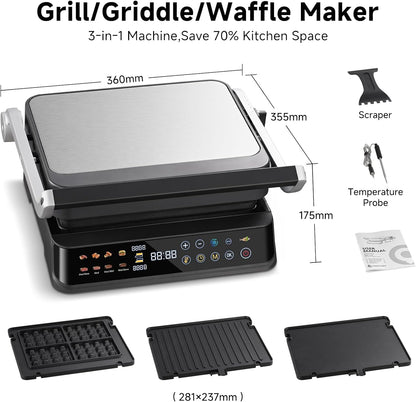 AMZCHEF 6-in-1 Health Grill & Griddle met 180° verstelbare platen, GrillBoost (280 °C), indoor grill, 4 antiaanbakplaten voor steaks en meer, 2000 W, vaatwasmachinebestendig