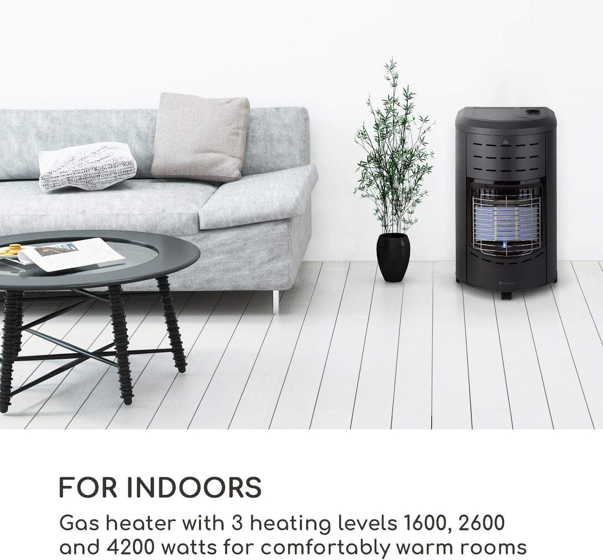 blumfeldt Andora gaskachel - drie verwarmingsniveaus 1,6/2,6/4,2 kW, tot 11 kg gasflessen, verwarmingsoppervlak: tot 84 m², incl. slang en drukregelaar, vlambeveiliging, O2Guard-systeem, zwart