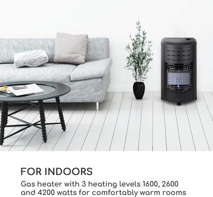 blumfeldt Andora gaskachel - drie verwarmingsniveaus 1,6/2,6/4,2 kW, tot 11 kg gasflessen, verwarmingsoppervlak: tot 84 m², incl. slang en drukregelaar, vlambeveiliging, O2Guard-systeem, zwart
