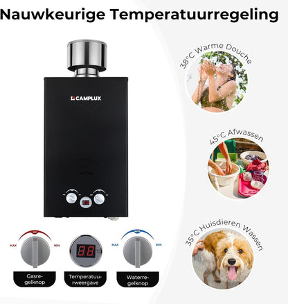 Camplux BW264BC 10 l gasboiler met regendeksel, gar-standaard, CE-gecertificeerd, voor kamperen, campers, paardenwassen