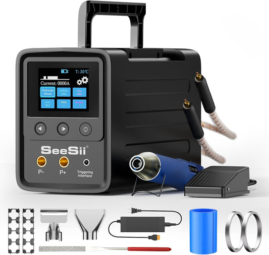 SEESII spot welder machine voor accu's met condensatoren: 10080W accu lasapparaat met heteluchtpistool-kit, spot welder voor 0,1-0,5 mm vernikkelde strips, 999 versnellingen voor 18650 lithium accu