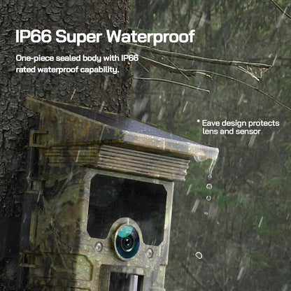 WOLFANG Solar Wildlife Camera 4K 68MP, WiFi Bluetooth Trail Camera met Nachtzicht Motion Activated 0.1s Trigger Time IP66 Waterdichte Game Camera voor Wildlife Monitoring met U3 32GB Micro SD-kaart