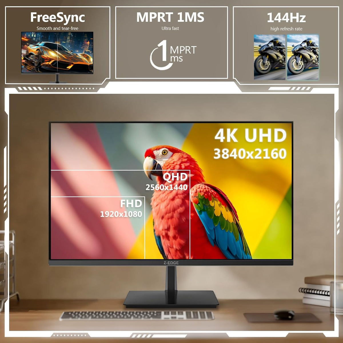 Z-Edge PC Monitor 28'' 144Hz, 4K UHD (3840x2160), IPS Panel, 4ms, 16:9 LED Monitor, Adaptive Sync, Adjustable Tilt, 178° Viewing Angle, 2×HDMI2.1 & 2×DP1.4, VESA 100 * 100mm (DP cable included)