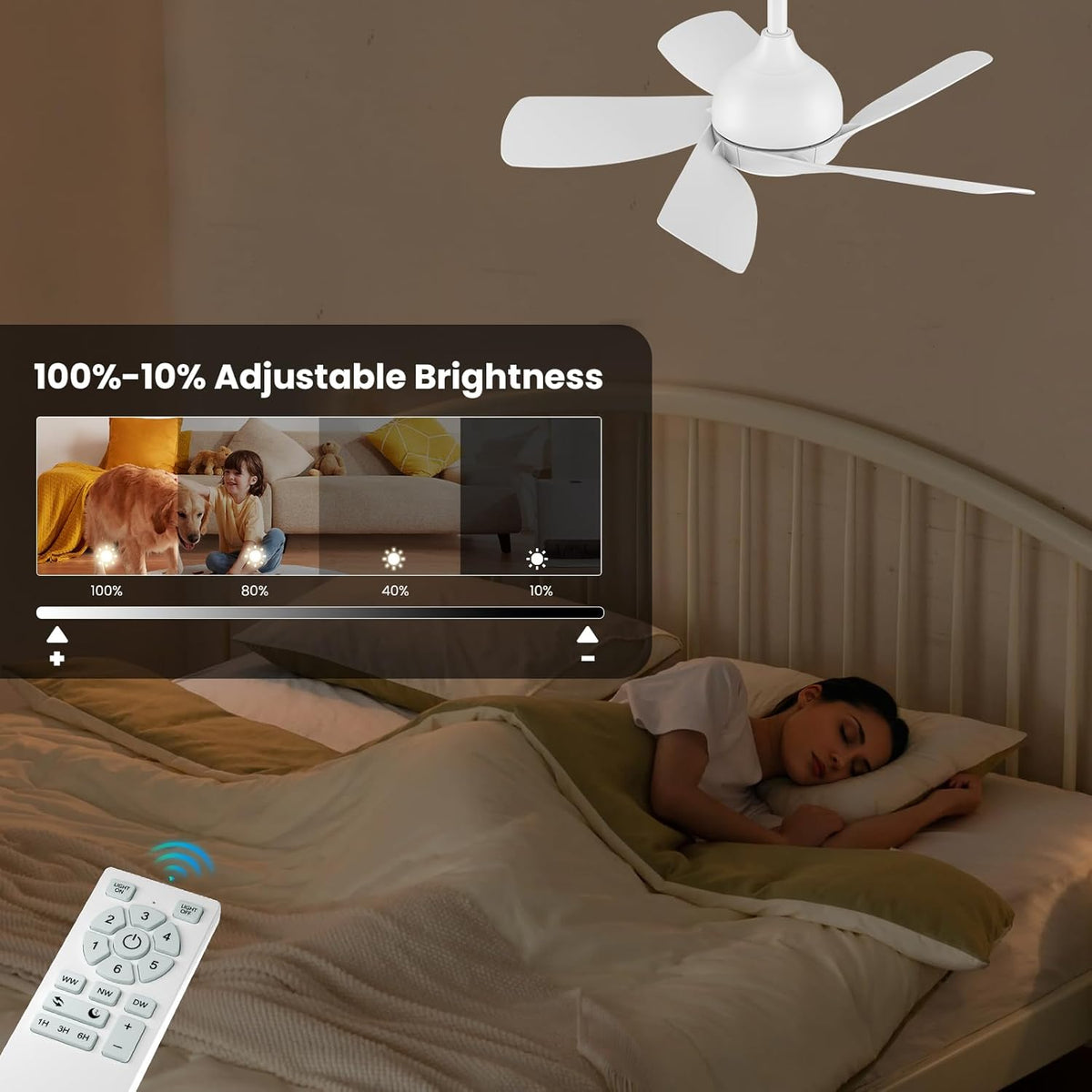 CJOY Plafondventilator met verlichting en afstandsbediening, stil, 76 cm, wit, plafondventilator met licht, lamp met ventilator, dimbaar, 3CCT, 6 snelheden, omkeerbare DC, timer, voor slaapkamer