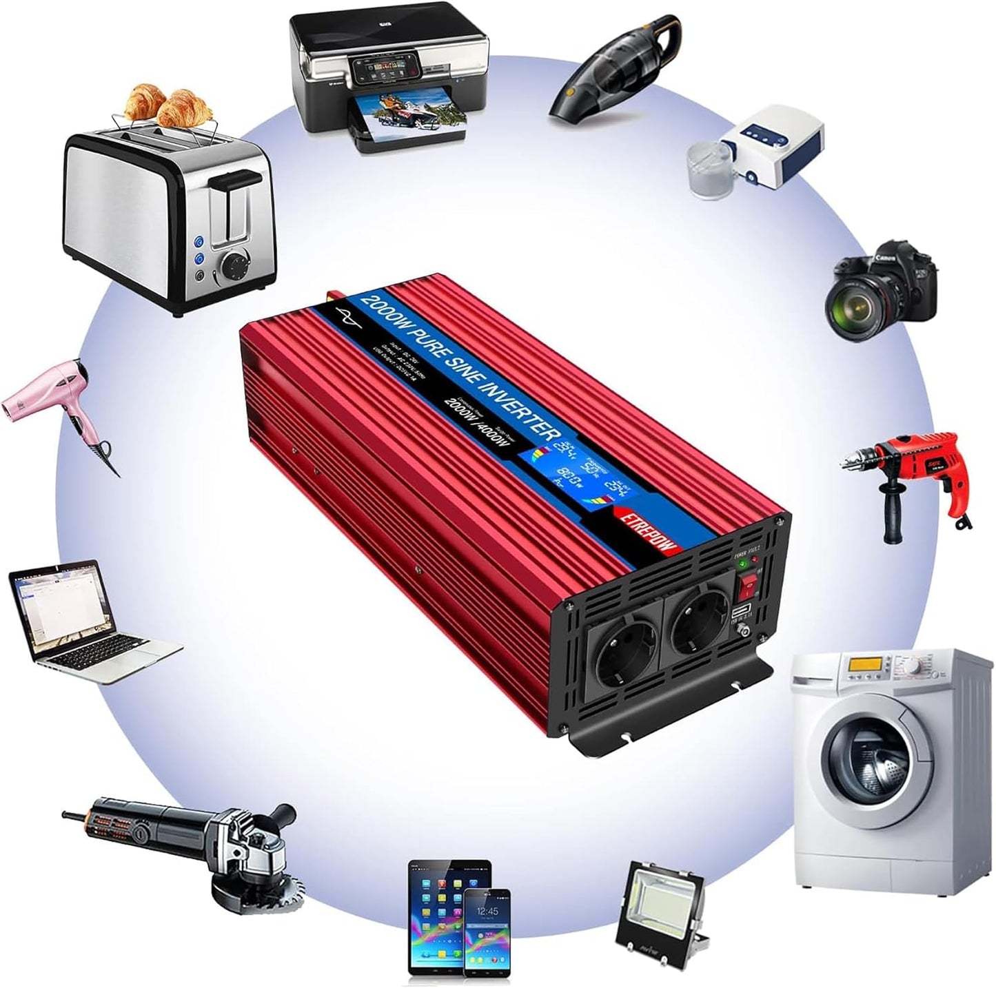 Omvormer 2000W/4000W 24V naar 230V Pure Sinus Volt ETREPOW Auto spanningsomvormer Omvormer Converter Pure Sine Wave Power Inverter DC AC omvormer (Draadloze afstandsbediening, display)