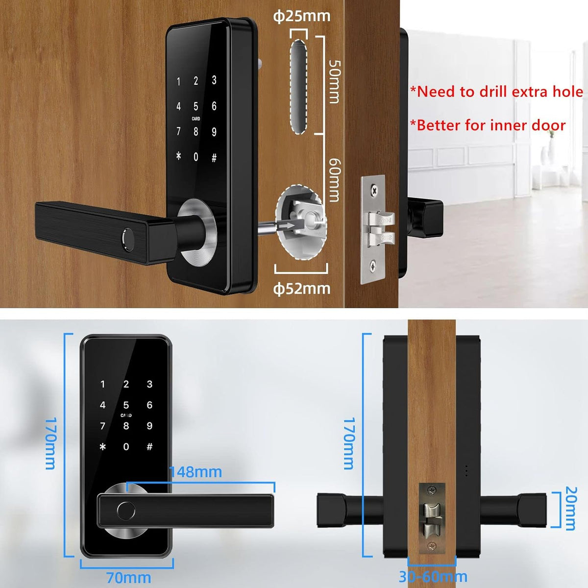 Slimme Vingerafdruk Deurslot met Touchscreen, Keyless Entry Deurslot, WiFi Bluetooth APP Toetsenbord Toegangscode Deurslot Slimme deurslot(zwart)