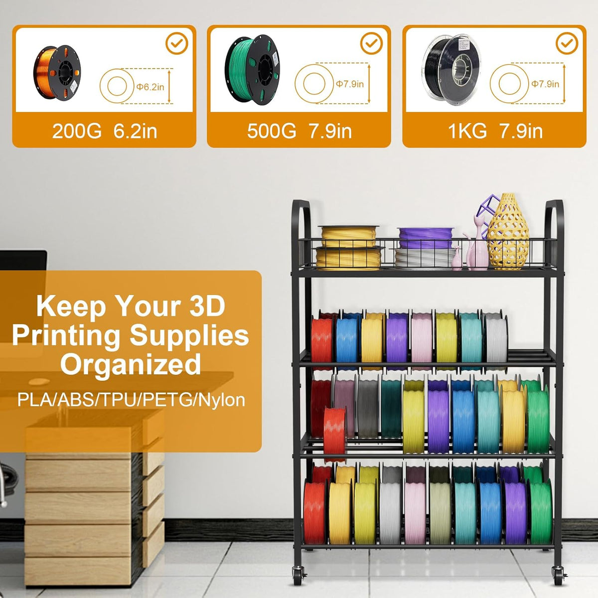3D-printer filament opbergrek, 4-laags filamentspoelhouder, metalen filamentorganizer met wielen voor PLA/ABS/TPU/PETG/nylon, zware opbergplanken voor 3D-printen, studio, kantoor, werkplaats