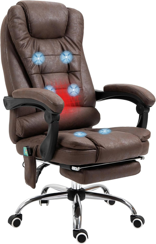 Vinsetto Bureaustoel, massage, verwarmd, bureaustoel, ergonomisch, in hoogte verstelbaar, rugleuning kantelbaar, microvezeldoek, bruin