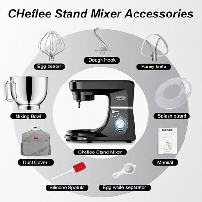 CHeflee Professionele planetaire mixer 6+P Speed Elektrische Mixer Multifunctionele Elektrische Keukenmachine met 6 Accessoires voor Deeg, Crème, Cake, Pizza (zwart)