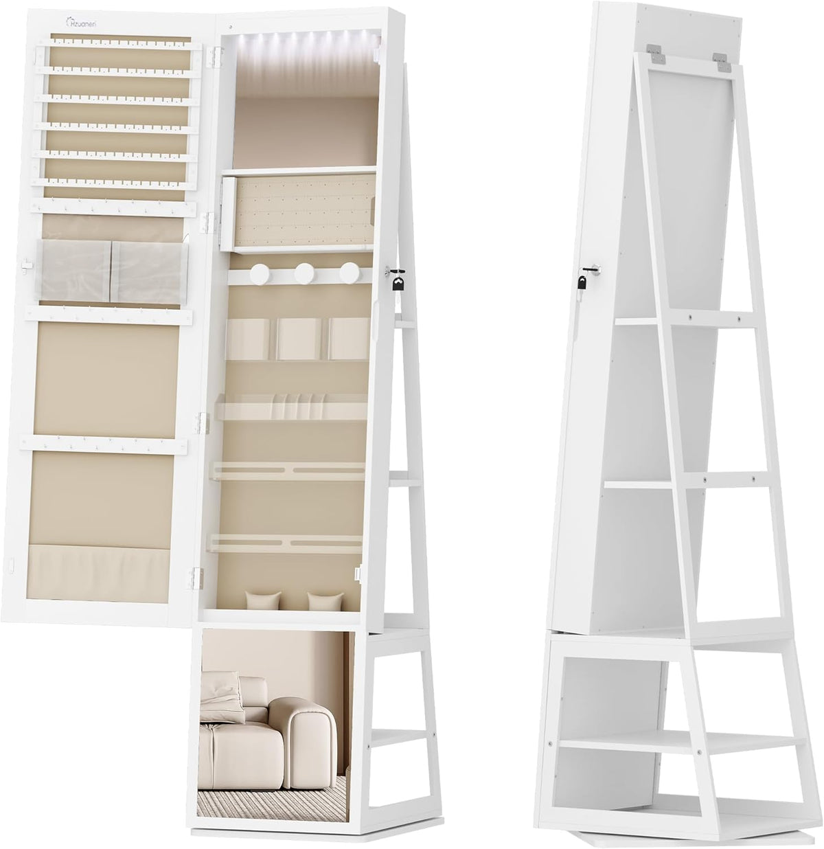 Hzuaneri Jewellery cabinet, with 360° rotating base, lockable mirror in full length, large 4-stage storage compartments, 4-in-1 multifunctional (white and beige)