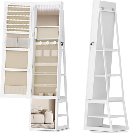 Hzuaneri Jewellery cabinet, with 360° rotating base, lockable mirror in full length, large 4-stage storage compartments, 4-in-1 multifunctional (white and beige)