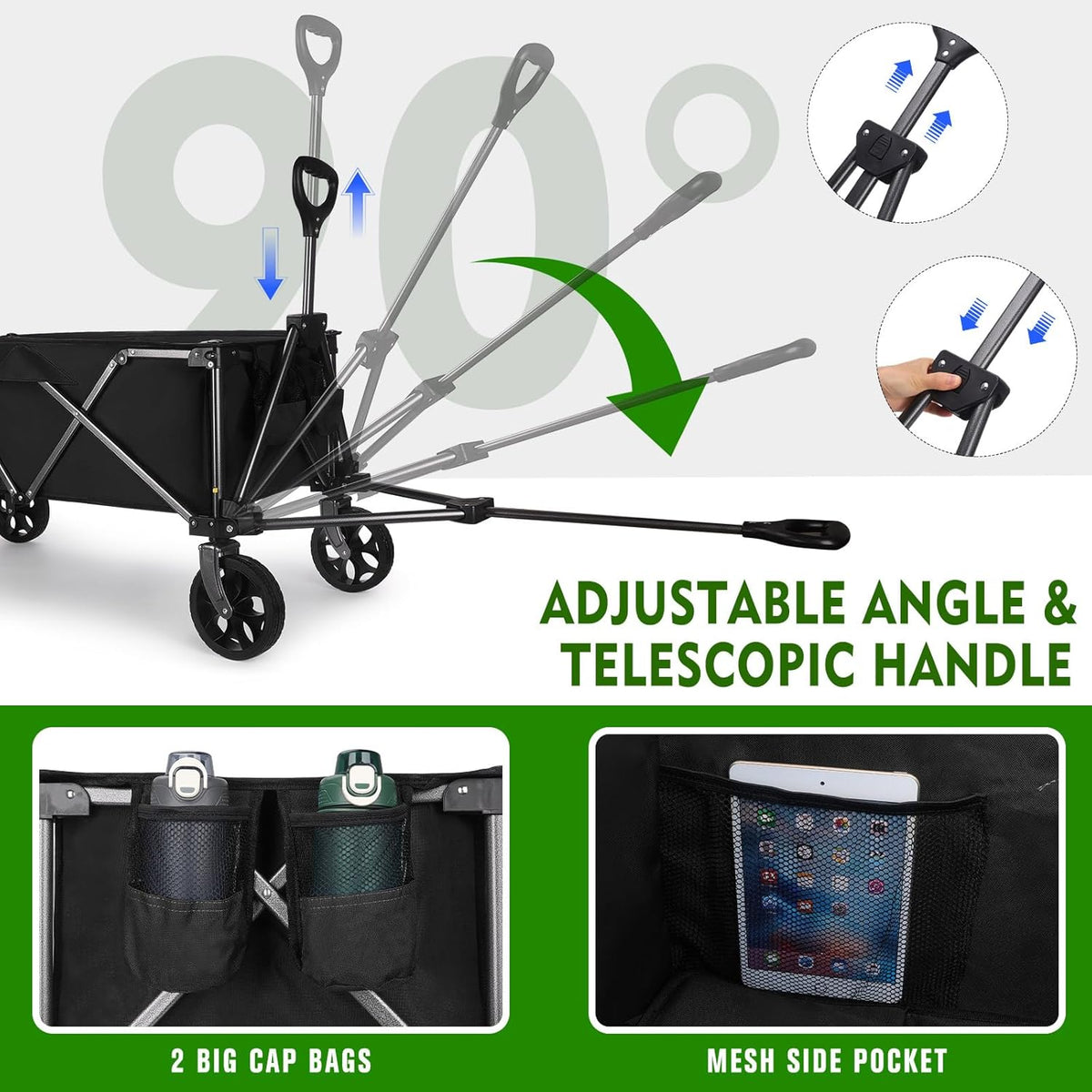 Festival Camping Trolley Cart, Heavy Duty Opvouwbare Strandwagen 100KG Capaciteit Opvouwbare All Terrain Utility Wagon voor Picknick Tuin Winkelen Buiten, Zwart