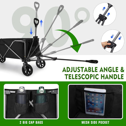 Festival Camping Trolley Cart, Heavy Duty Opvouwbare Strandwagen 100KG Capaciteit Opvouwbare All Terrain Utility Wagon voor Picknick Tuin Winkelen Buiten, Zwart