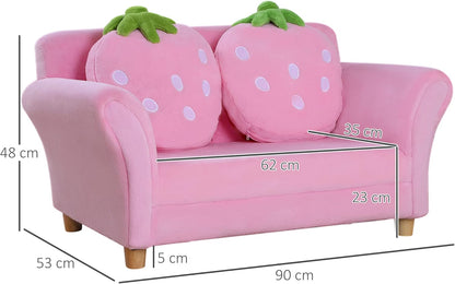 Kinderbank – Kinderstoel – Zitzetel – Bankje – Sofa – Aardbeienmotief – Stevig Houten Frame – Zachte Coral Fleece Bekleding
