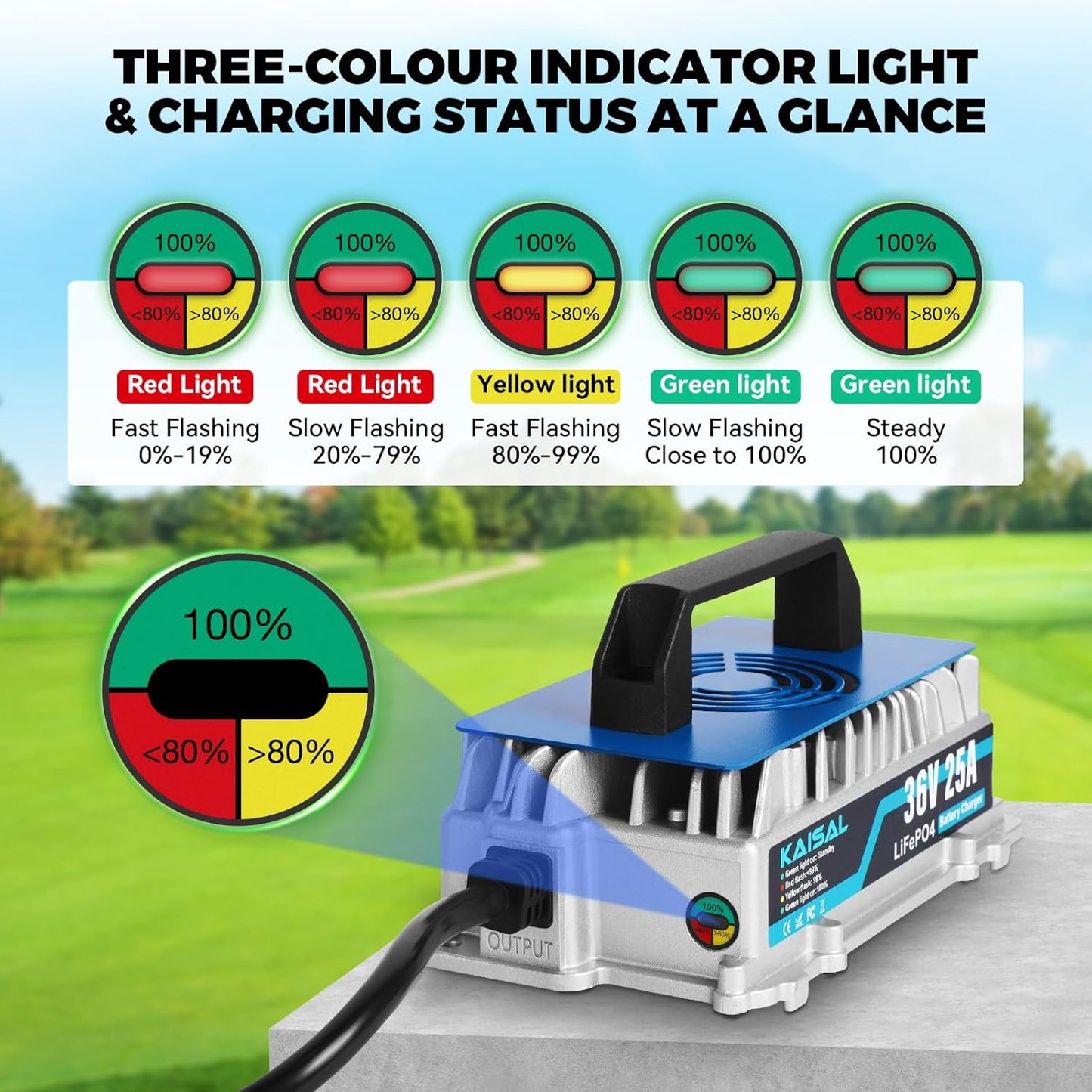 LiFePO4 Acculader – Lithium Batterijlader – Accu Oplader – 36V Oplader – Golfkar Acculader – 25A Snel Opladen – IP67 Waterdichte Aluminium Behuizing