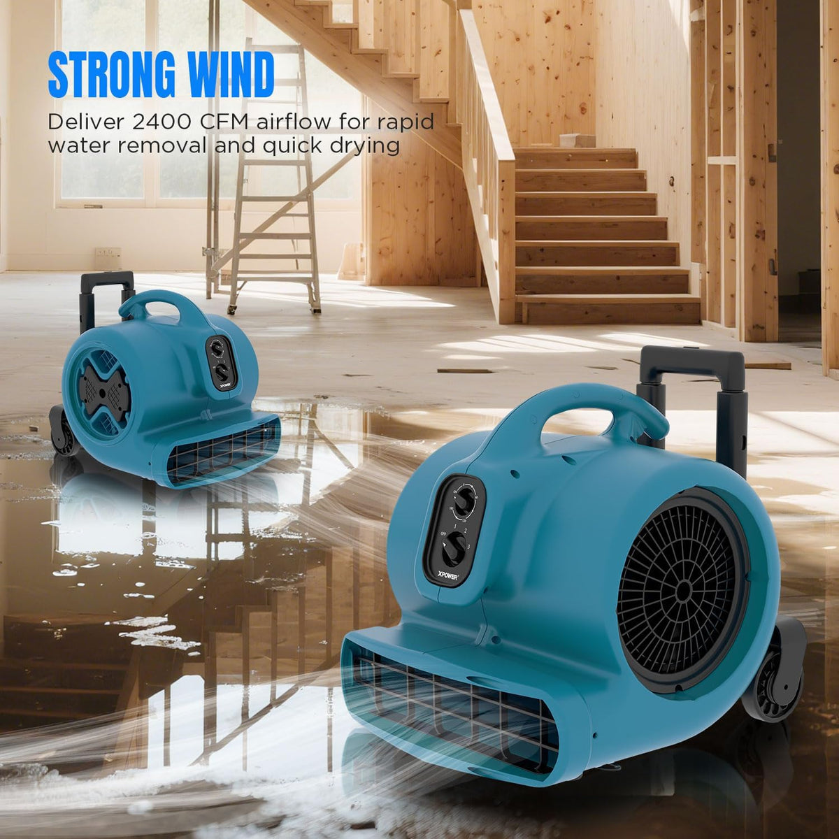 XPower Mighty Air Mover Centrifugal Air Mover, stapelbare vloerventilator, madeliefenketting voor waterschade, Janitorial Plumbing, thuisgebruik (blauw, P-600TH 2400CFM)