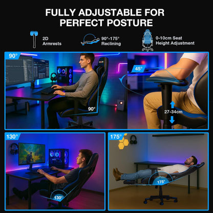 Douxlife Gaming Stoel, met 7-punts Massage, Ergonomische bureaustoel met Voetensteun, 90-175° Rugleuning Instelbaar, Verstelbare 2D-Armleuning, PC-gamerstoel, Bureaustoel, 180 kg, Zwart-blauw