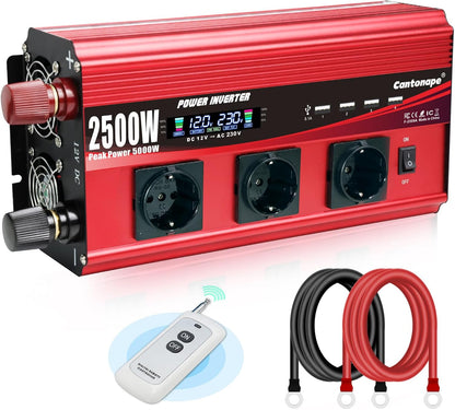 Omvormer, 2500 W/5000 W, gemodificeerde sinusgolf, 12 V naar 230 V, met 3 AC-stopcontacten en 4 x USB-lcd-afstandsbediening