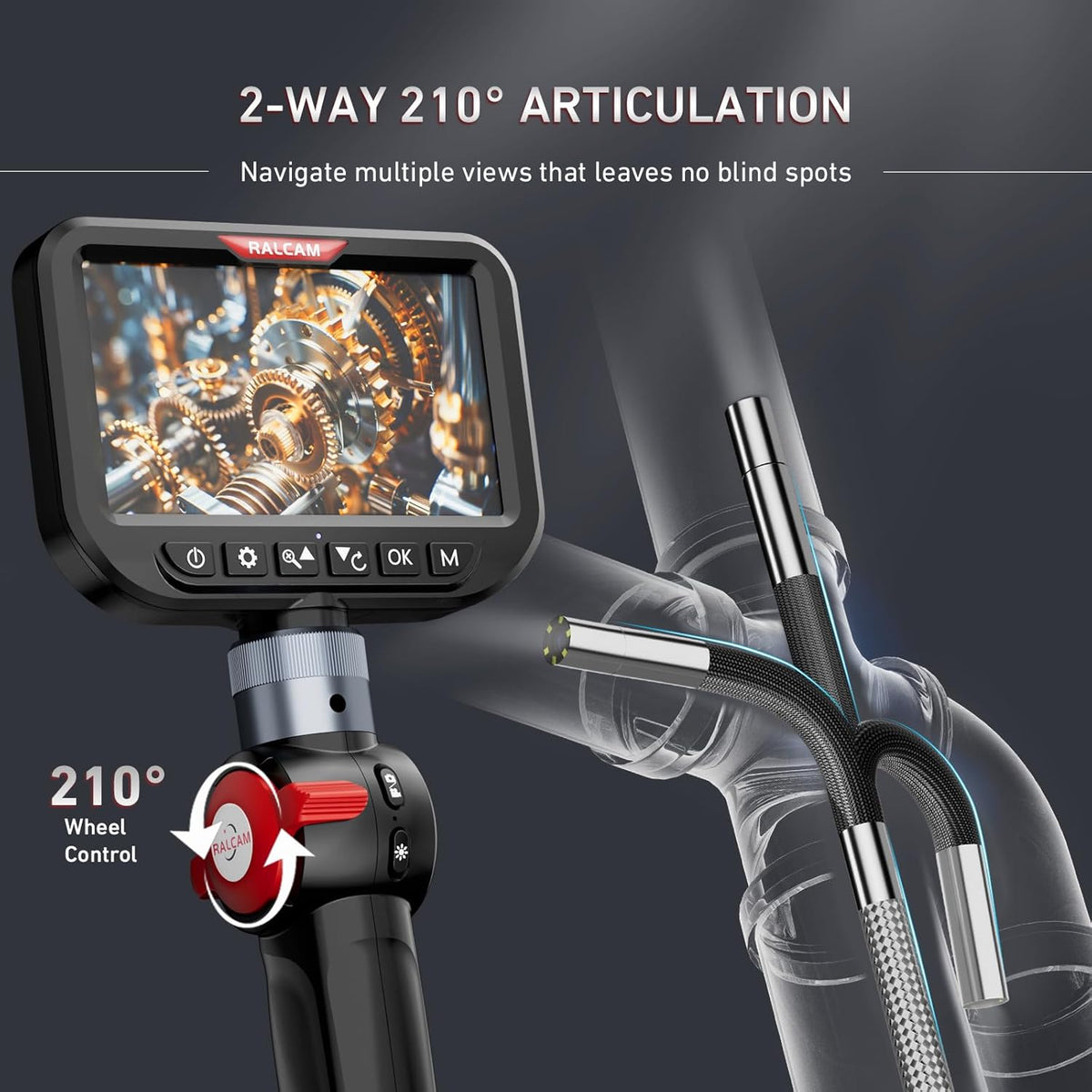 Ralcam Endoscoopcamera met licht, endoscoopcamera met 210° beweegbare kop, 3,9 mm sonde, 5 inch HD-scherm, IP67 inspectiecamera, 1,5 m roestvrijstalen serpentinebuis, buiscamera voor auto en huis