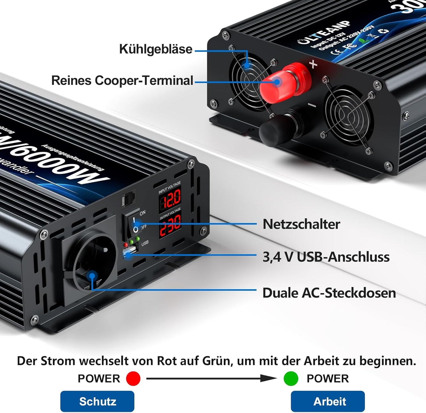 Spanningsomvormer 12v 230v 3000W -Gemodificeerde sinusomvormer 12v naar 230v spanningsomvormer met LCD-scherm, afstandsbediening & USB-aansluitingen EU-aansluiting voor caravans, camping