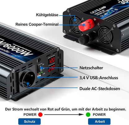 Spanningsomvormer 12v 230v 3000W -Gemodificeerde sinusomvormer 12v naar 230v spanningsomvormer met LCD-scherm, afstandsbediening & USB-aansluitingen EU-aansluiting voor caravans, camping
