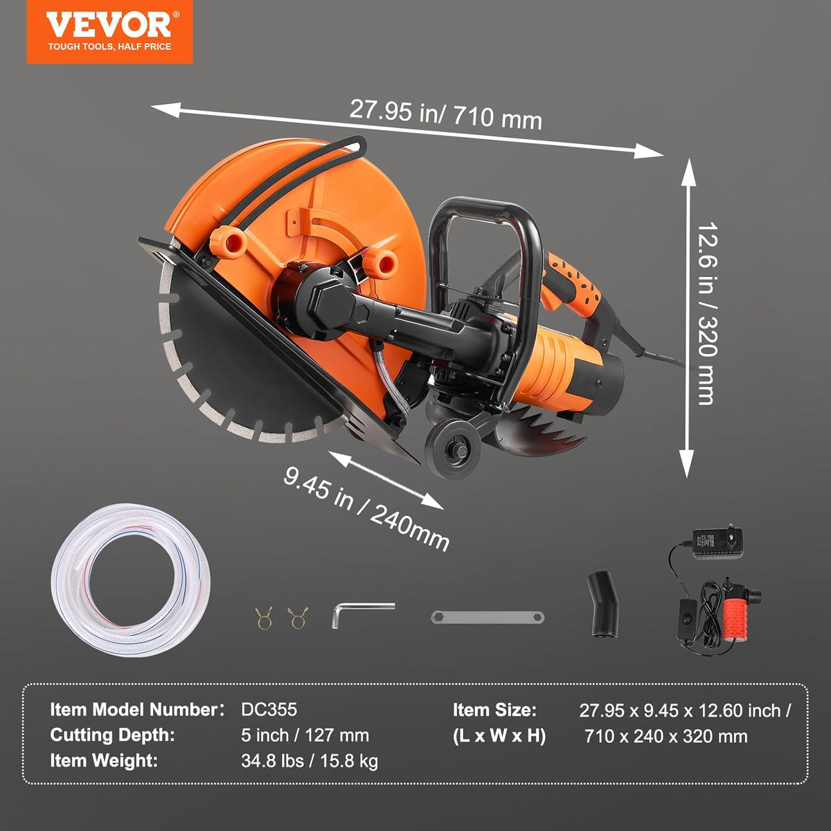 VEVOR Electric Concrete Saw, 356 mm, Powerful Circular Saw 2800 W, Cutting Depth 127 mm, Wet/Dry Disc Saw with Water Tube, Water Pump, Saw Blade, for Stone and Brick