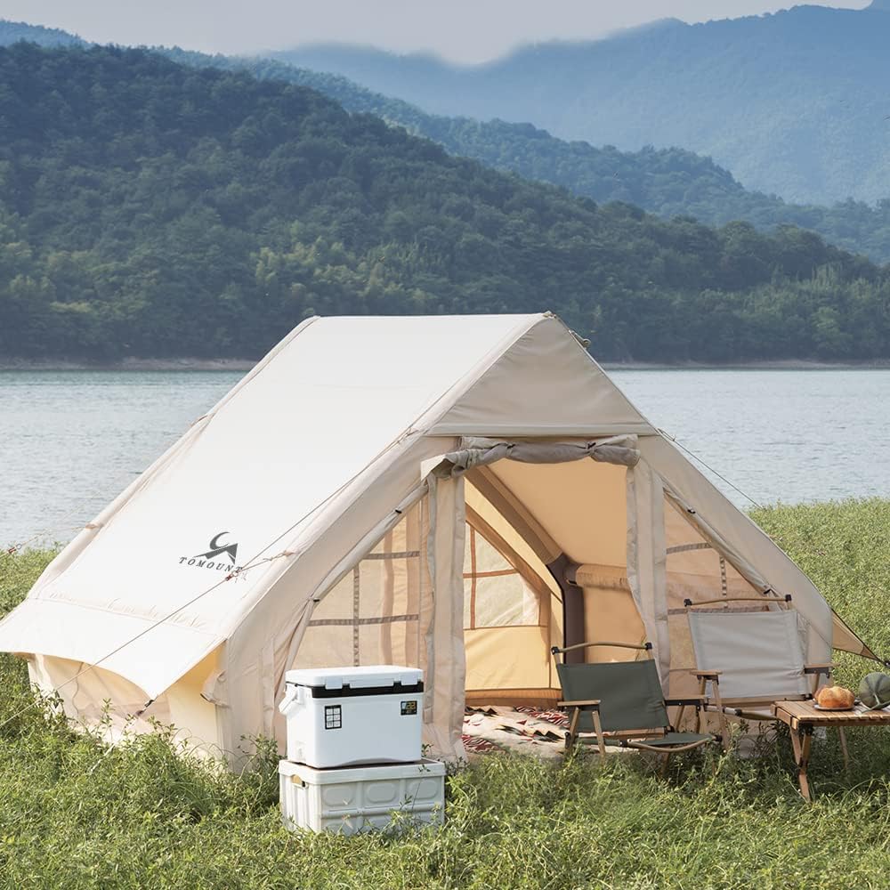 TOMOUNT Opblaasbare tent, 300D waterdicht polyester, familietent voor 4 personen, eenvoudig op te zetten, glampingtent met opbergtas en luchtpomp, campingtent voor outdoor, camping, wandelen, festival