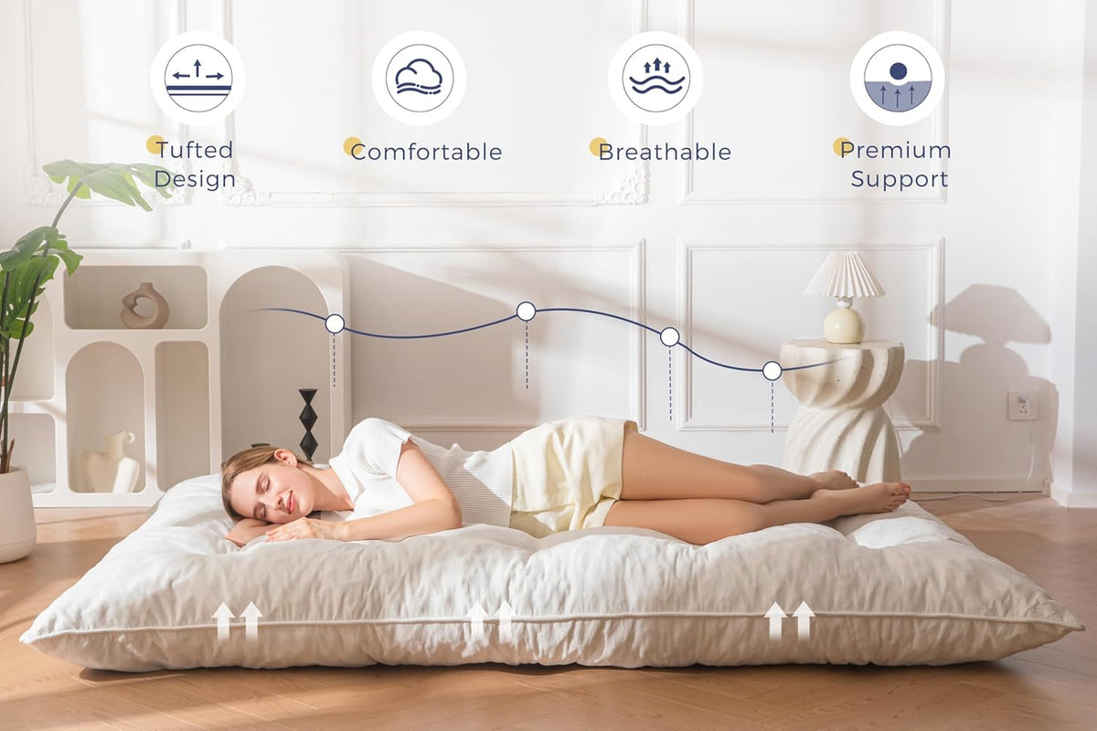 MAXYOYO Futonmatras, Chenillestof 15 cm Dik, Oprolbare Futon-Slaapbank, Gevuld Met Versnipperd Schuim, Geknoopt, Praktische Opvouwbare Matrasbeschermer (Frame Niet Inbegrepen)