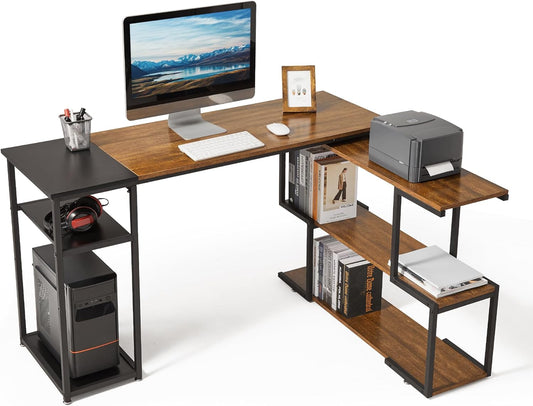 Mondeer L-vormig computerbureau, hoekbureau, 360° draaibare planken en verstelbare opbergplanken, ruimtebesparend voor thuiskantoor, studio-werkstation, rustiek bruin en zwart
