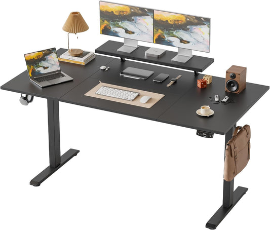 Klicelor In hoogte verstelbaar bureau met beweegbare monitorstandaard, 160x80cm, Zit-Sta bureaux met 2 geheugenknoppen, 4-delige tafelblad, Computertafel, Zwart