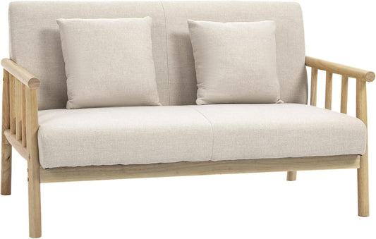 HOMCOM 2 Seater Sofa, Sofa with 2 Lumbar Cushion, Upholstered Sofa with Wooden Frame, Linen Look Modern Double Sofa for Small Spaces, Living Room, Bedroom, Beige - QUORE