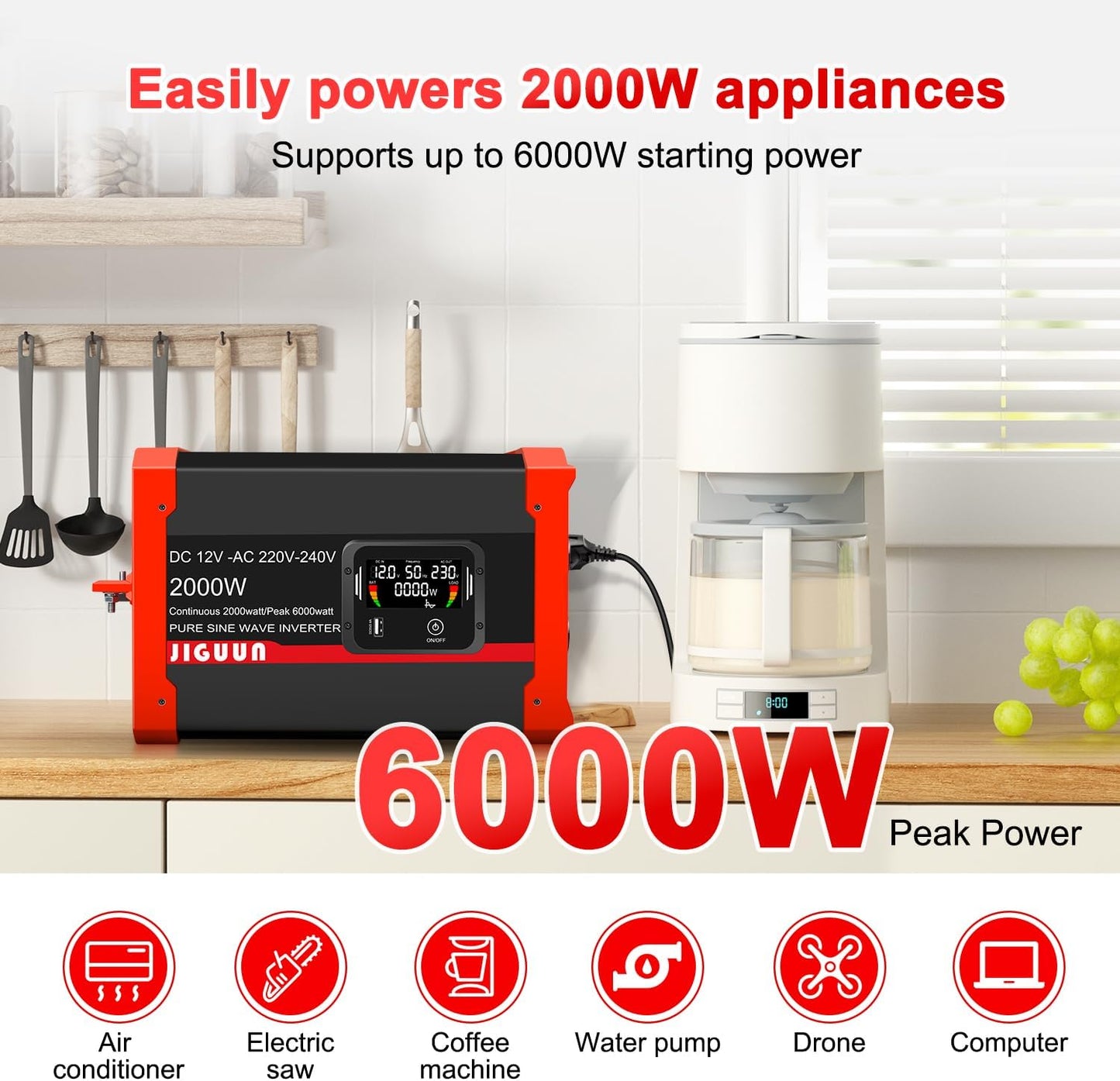 JIGUUN 2000W Omvormer 12V 230V Zuivere sinus Converter inverte met 2 EU stopcontacten & 3 USB+Tycp-C poorten, afneembare afstandsbediening en LCD display Piekvermogen 6000W