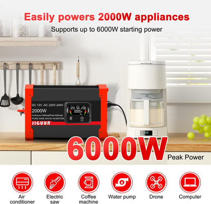 JIGUUN 2000W Omvormer 12V 230V Zuivere sinus Converter inverte met 2 EU stopcontacten & 3 USB+Tycp-C poorten, afneembare afstandsbediening en LCD display Piekvermogen 6000W