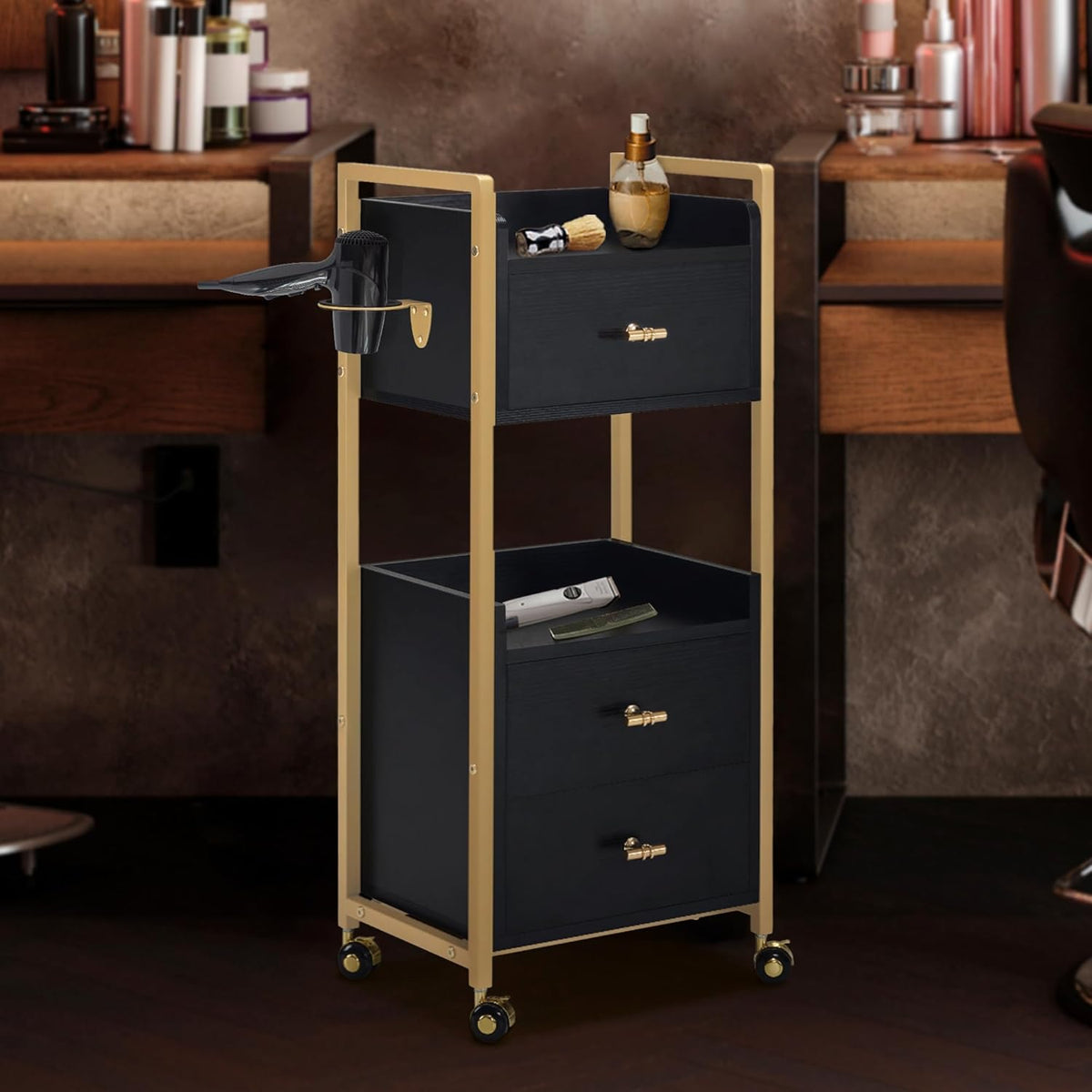 Werkwagen – Kapperswagen – Servicetrolley – Salontrolley – Werktafel – 3 Lades & 2 Planken – 360° Zwenkwieltjes Met Rem