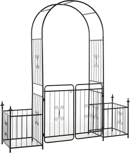 Outsunny Metal Garden Arbor Arch with Double Doors, 2 Side Planters, Climbing Vine Frame, Black - QUORE