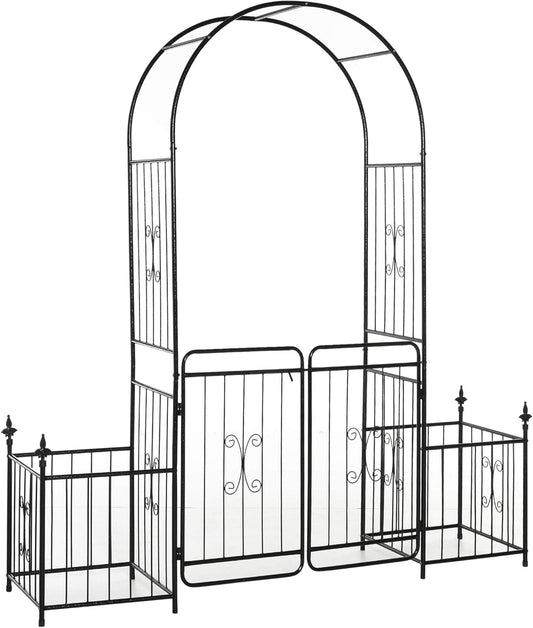 Outsunny Metal Garden Arbor Arch with Double Doors, 2 Side Planters, Climbing Vine Frame, Black - QUORE