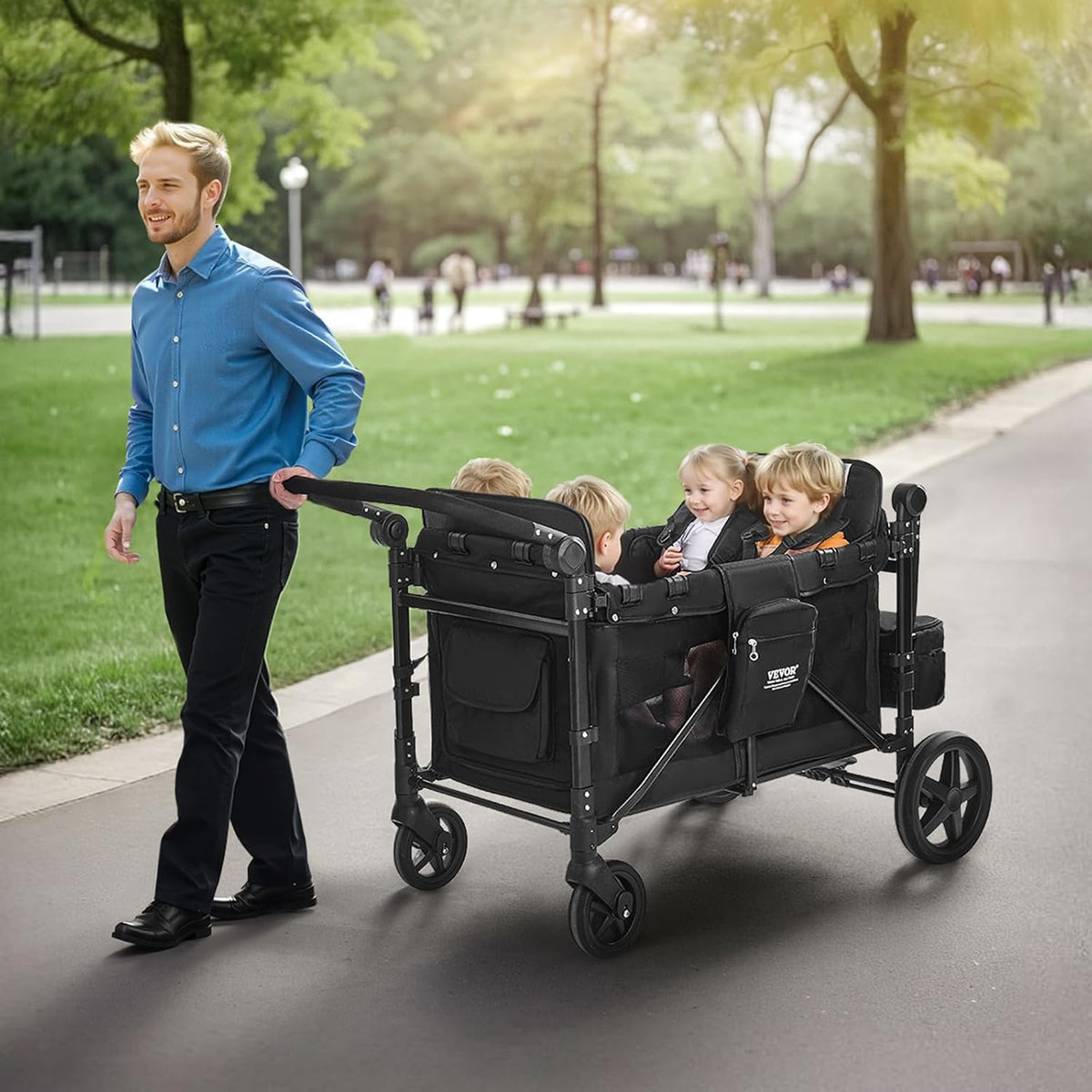 VEVOR Wagon Kinderwagen voor 4 Kinderen, Push Pull Quad Opvouwbare Kinderwagen met Verstelbare Handvat, 5-punts Veiligheidsharnas & Afneembare Luifel, 4-zits Kinderwagen voor Camping, Zwart (149,7 kg