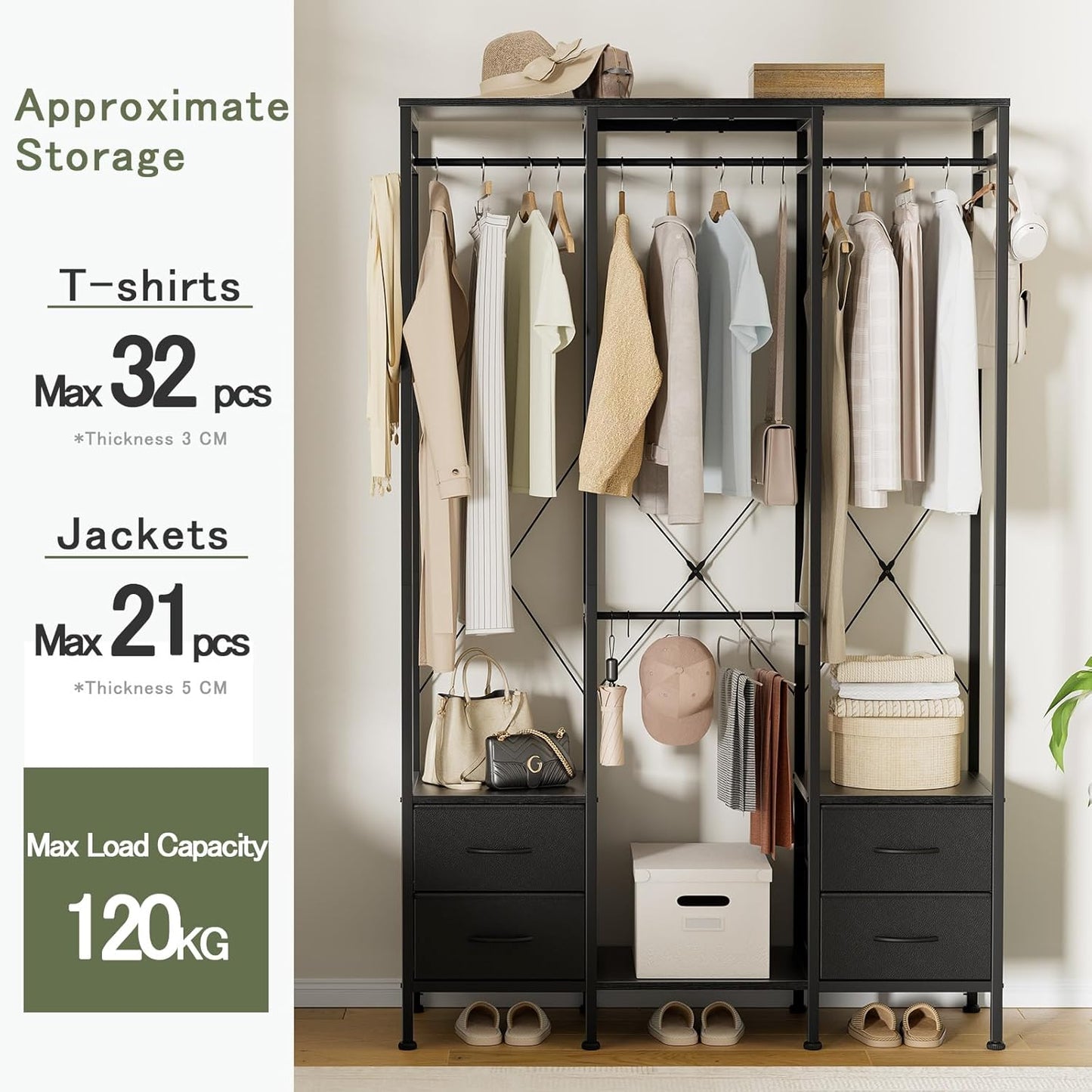 Kledingrek – Garderoberek – Kledingkast – Dressboy – Open Kast – Met Laden – Zwart Staal – Compact 110x35x175 cm