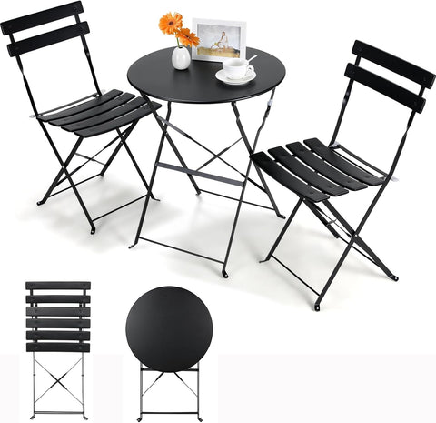 Tuinstoelen - Tuinmeubelen - 3-Delige - Tuin Eettafelstoelen - Inklapbaar Stoelen & Tafel - Bistroset - Moderne Stijl - Weerbestendig - Stabiel - Ruimtebesparend - Onderhoudsvriendelijk - 59.5 x 72 cm Tafel - 42 x 28.5 x 81 cm Stoel - Zwart