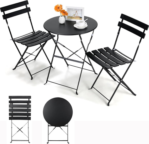 Tuinstoelen - Tuinmeubelen - 3-Delige - Tuin Eettafelstoelen - Inklapbaar Stoelen & Tafel - Bistroset - Moderne Stijl - Weerbestendig - Stabiel - Ruimtebesparend - Onderhoudsvriendelijk - 59.5 x 72 cm Tafel - 42 x 28.5 x 81 cm Stoel - Zwart
