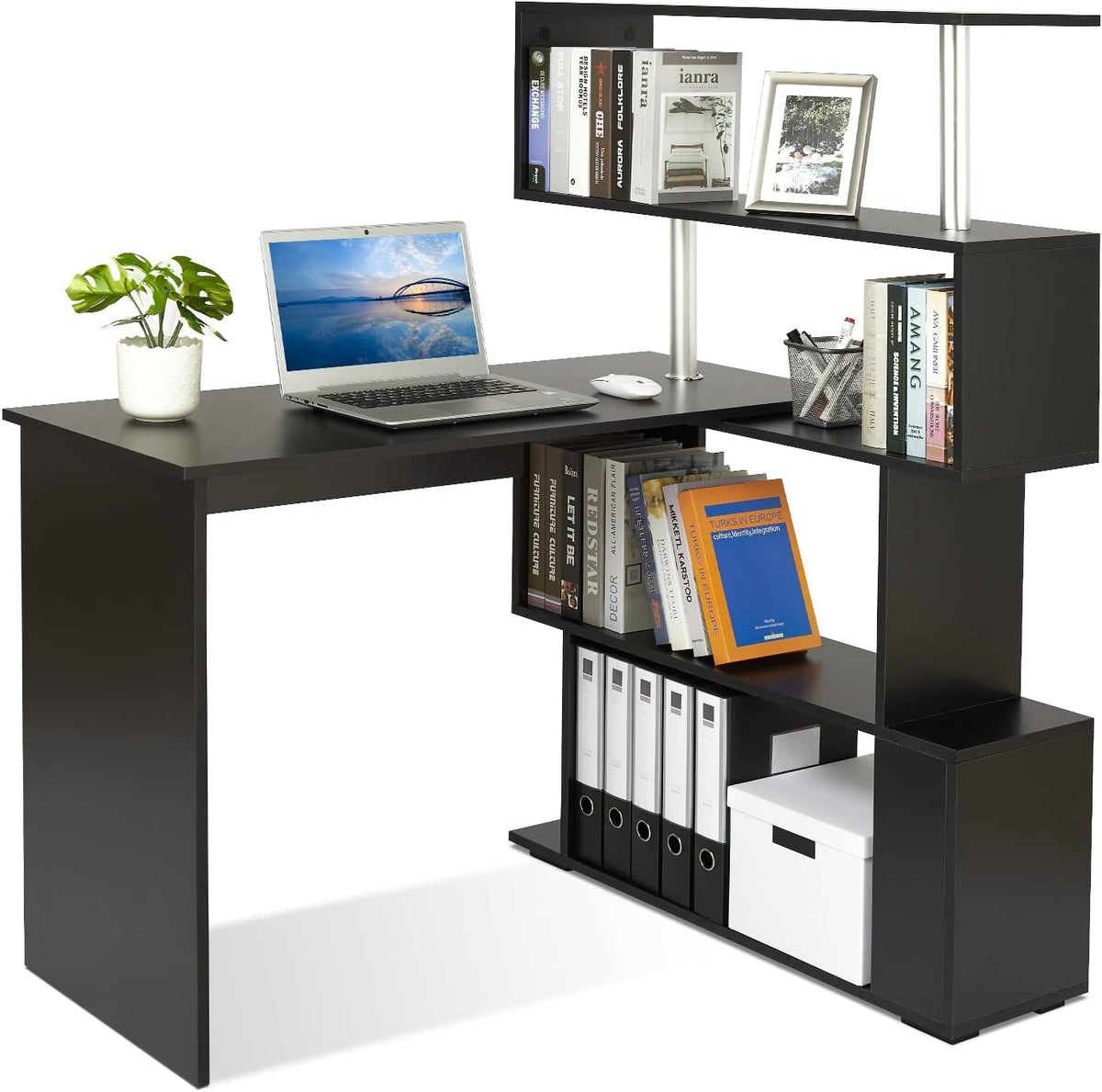 Meerveil Computertafel, L-vormig, hoekbureau, met 360 graden draaibare boekenkast voor werkkamer, woonkamer, kantoor, 157 x 45 x 130,5 cm, zwart