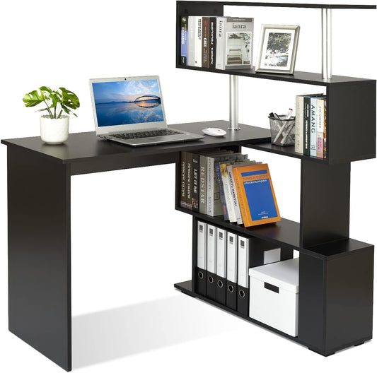 Meerveil Computertafel, L-vormig, hoekbureau, met 360 graden draaibare boekenkast voor werkkamer, woonkamer, kantoor, 157 x 45 x 130,5 cm, zwart