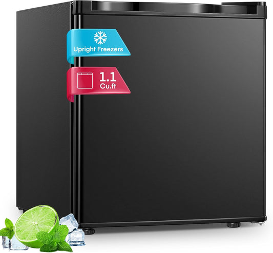 FOHERE Compact Upright Freezer, 1.1 Cu.Ft Worktop, Mini Freezer with Reversible Door and 7 Adjustable Temperatures, Removable Wire Rack for Home/Dorms/Home/Office - QUORE