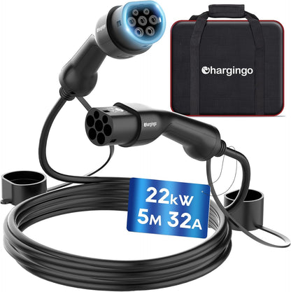 Type 2 Oplaadkabel – EV Laadkabel – Elektrische Auto Kabel – Snellader Kabel – PHEV Oplaadkabel – 22 kW 32 A 3-Fase – 5 Meter – IP65 Waterdicht – Inclusief Draagtas