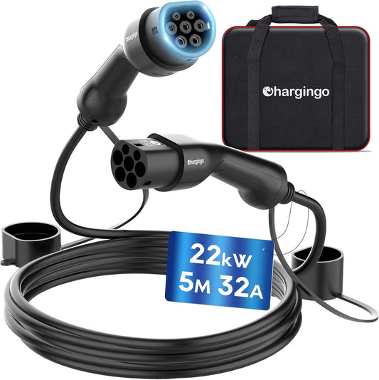 Type 2 Oplaadkabel – EV Laadkabel – Elektrische Auto Kabel – Snellader Kabel – PHEV Oplaadkabel – 22 kW 32 A 3-Fase – 5 Meter – IP65 Waterdicht – Inclusief Draagtas