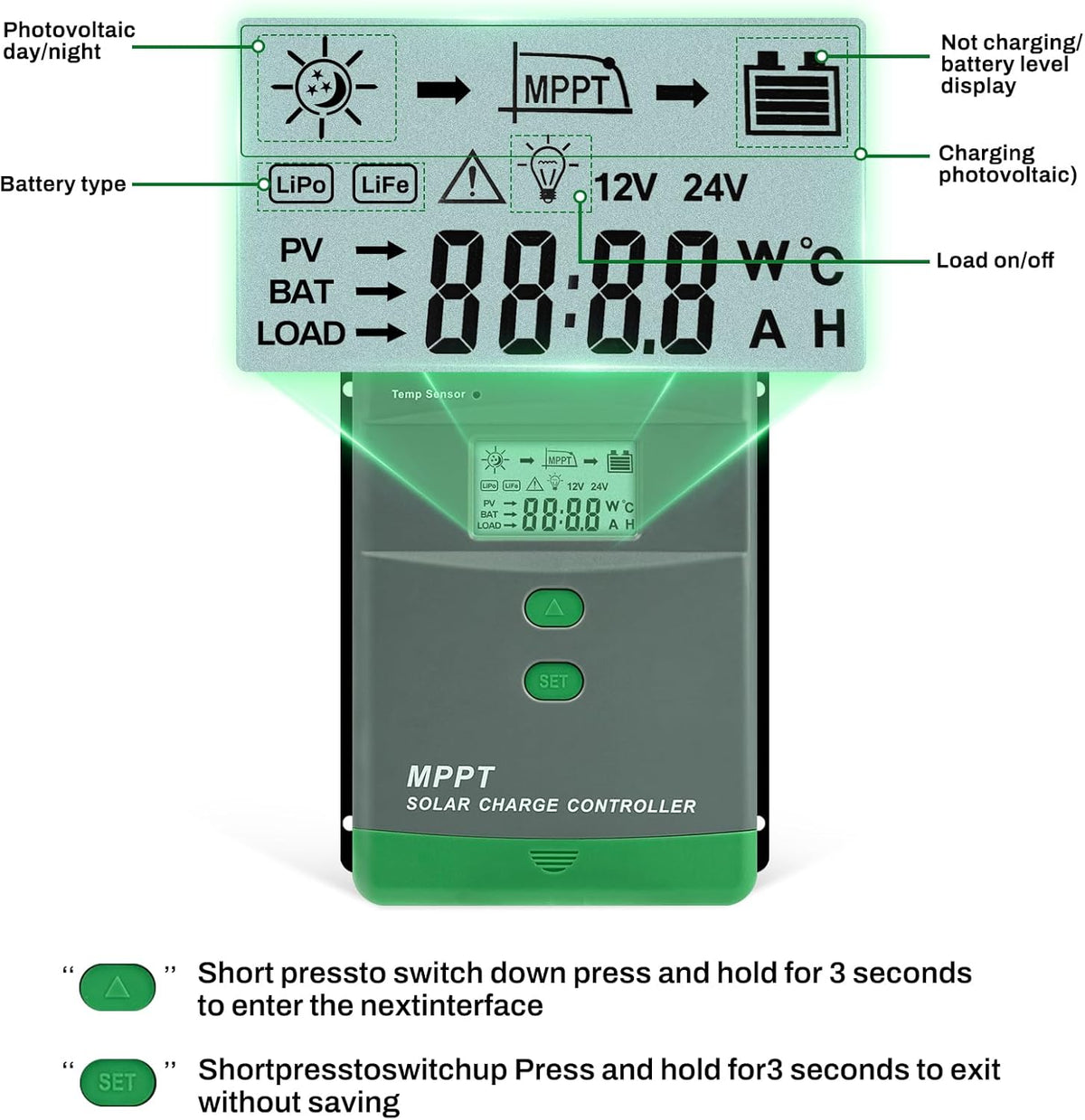 60A MPPT laadregelaar zonne-energie automatische detectie 12V/24V MPPT-laadregelaar LCD-digitaal display maximale nullastspanning van het zonnepaneel 100 V, dual USB, grijs-groen